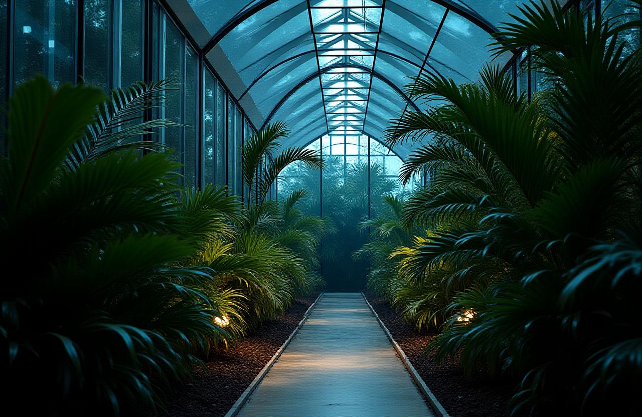 Lush tropical greenhouse in Cayman with advanced irrigation and specialty palms